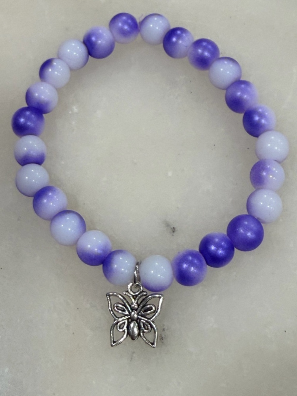 Lavender Ombre Beaded Bracelet with Butterfly Charm